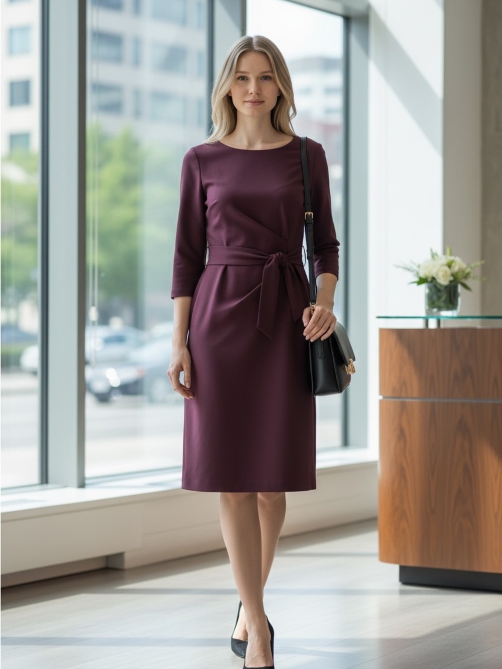 Tahari Arthur S Levine Plum Tie Waist Sheath Dress Size 8